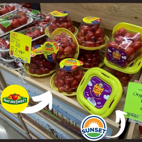 Two brands' cherry tomatoes next to each other at a grocery store.