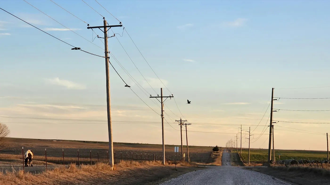 A dirt road lined with telephone poles and power lines stretching into the distance under a clear blue sky.