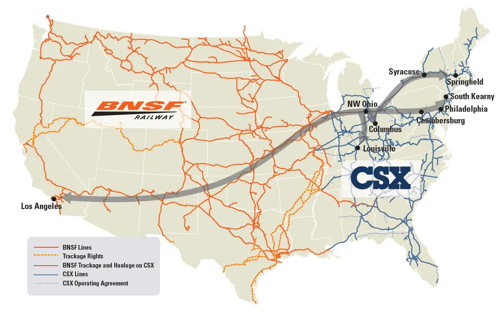 A map of intermodal routes from BNSF and CSX railroads.