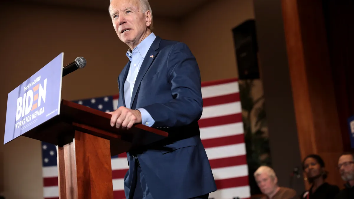 Former Vice President of the United States Joe Biden speaking with supporters at a community event at Sun City MacDonald Ranch in Henderson, Nevada.