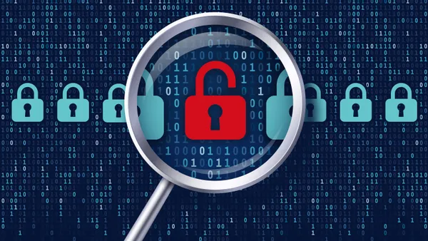 An image of lock icons on a computer screen surrounded by binary code.