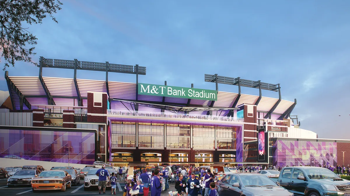 A rendering of new stadium construction. People in the rendering mill about in the foreground, performing normal football-watching activities, like tailgating.