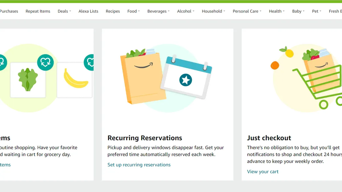 Screengrab off Amazon's website of Recurring Reservations and Repeat Items features