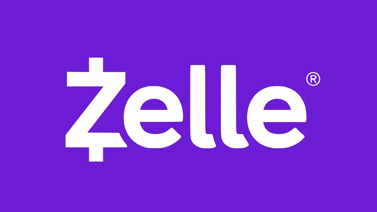 The word "zelle" in white letters against a purple background.