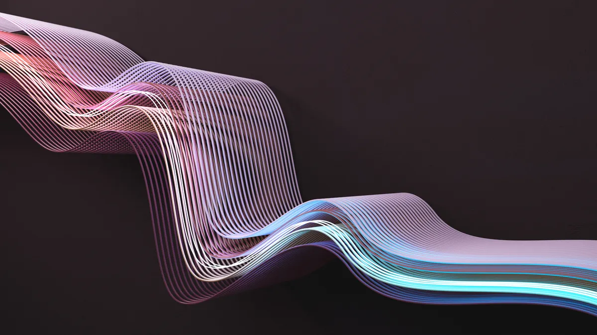 Three three-dimensional lines, one atop the other, cascade downward in a purple-ish/bluish wavelength