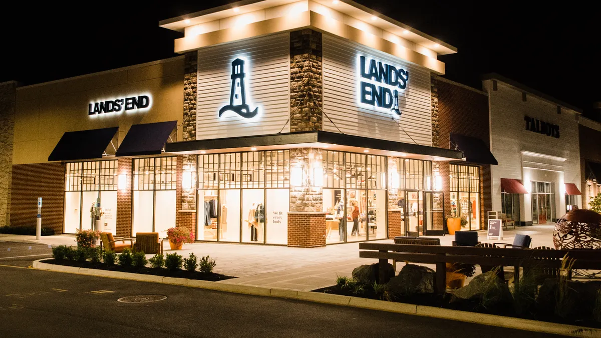 External nighttime shot of a Lands' End storefront