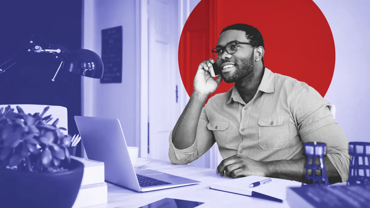 photo illustration of a man using the phone and a computer