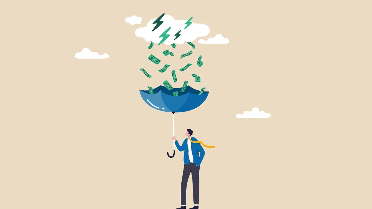 Make money idea, passive income or profit and dividends from stock market investment, financial success concept, rich businessman using umbrella to collect falling money from investment thunderstorm.