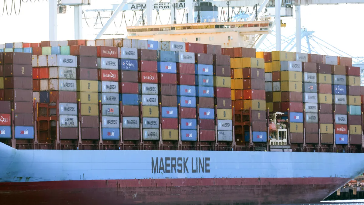 Shipping containers sit aboard a Maersk container ship at the Port of Los Angeles on February 9, 2022 in San Pedro, California.