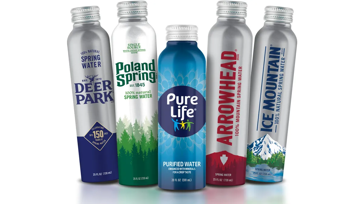 A lineup of five aluminum water bottles from the Deer Park, Poland Spring, Pure Life, Arrowhead and Ice Mountain brands.