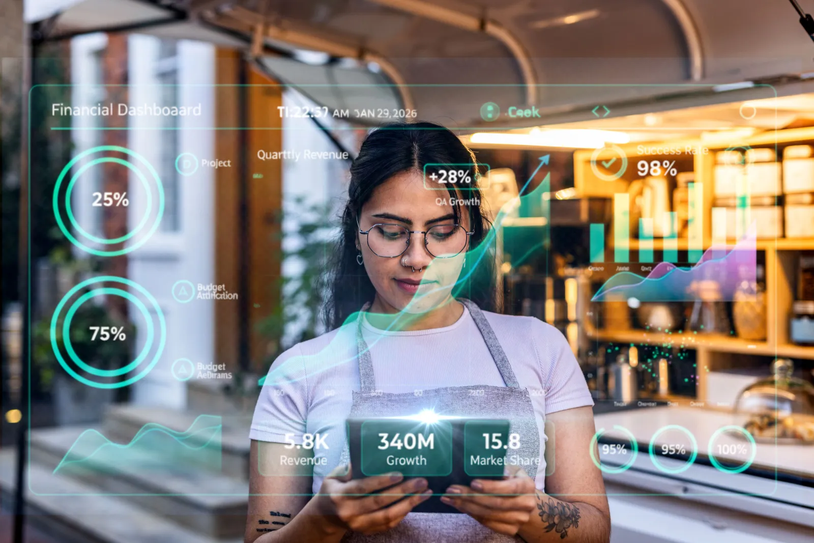 A person holds a tablet and a financial dashboard is projected in the foreground of the photo.