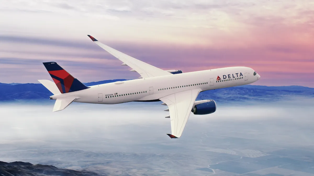 Delta Air Lines passenger jet in mid flight.