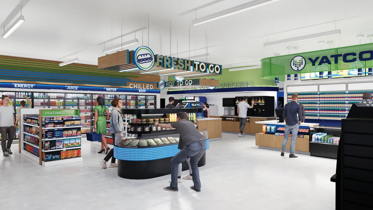 A rendering of the interior of a convenience store, showing the center of the store. signs hanging from the ceiling say Chilled, Fresh to Go, chilled to Go and Yatco.