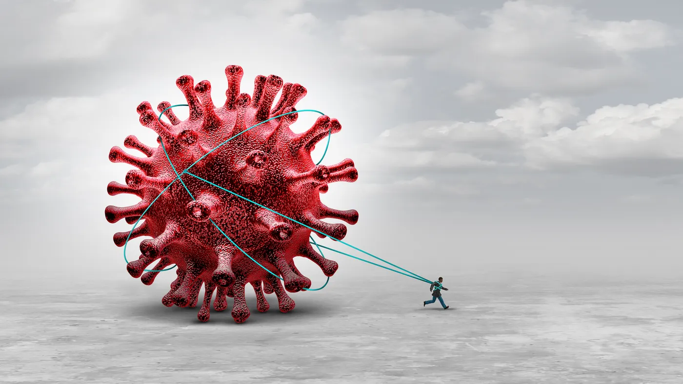 Long Covid syndrome and coronavirus pandemic symptoms that persist as a burden concept or being tied trapped as a hauler of a virus infection with 3D illustration elements.