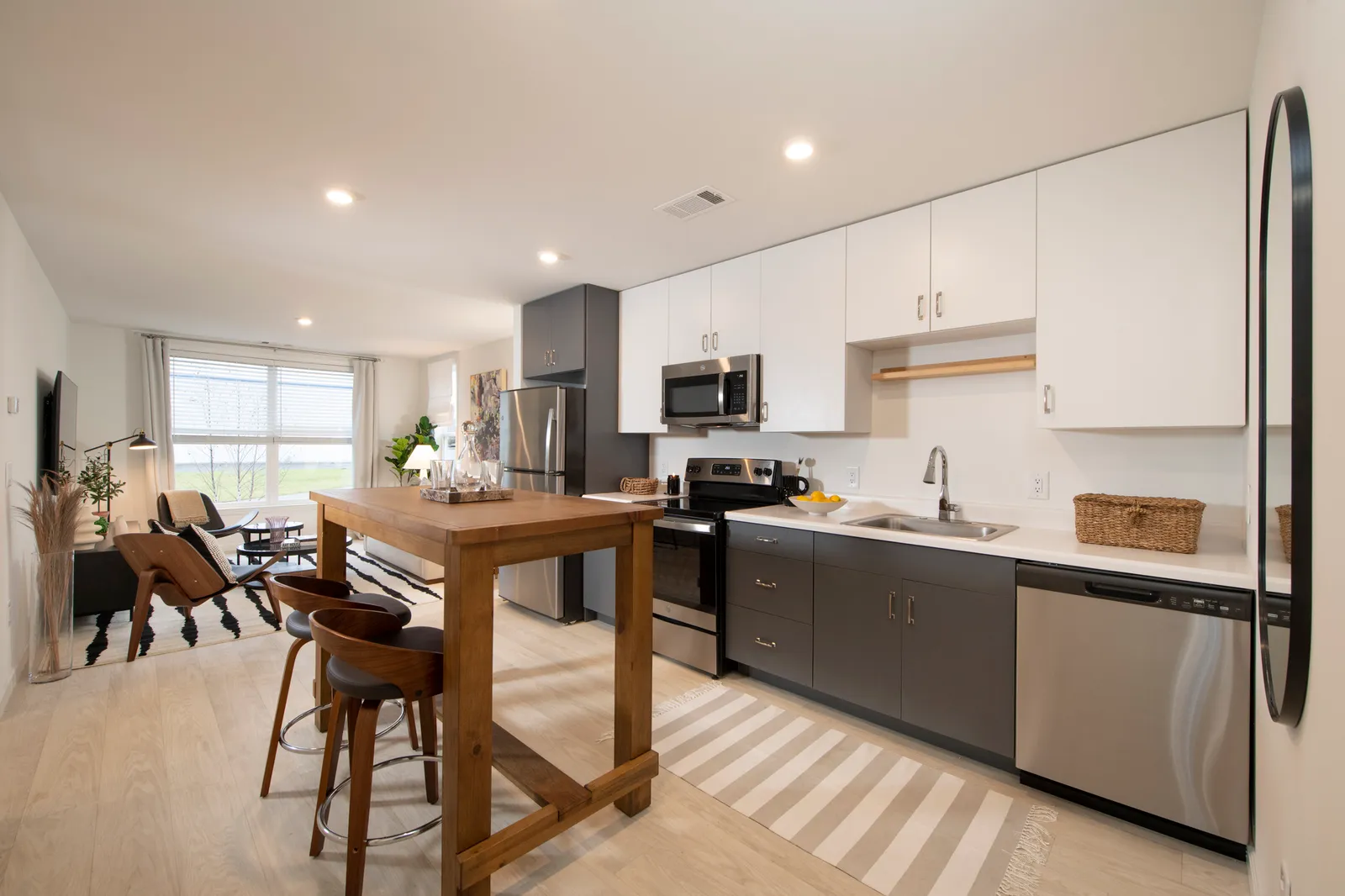 A combined kitchen and living room.