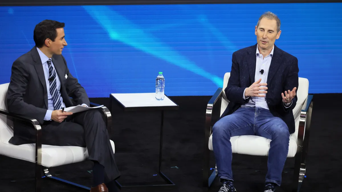 Amazon CEO Andy Jassy speaks during the New York Times DealBook Summit in the Appel Room at the Jazz At Lincoln Center on November 30, 2022 in New York City.