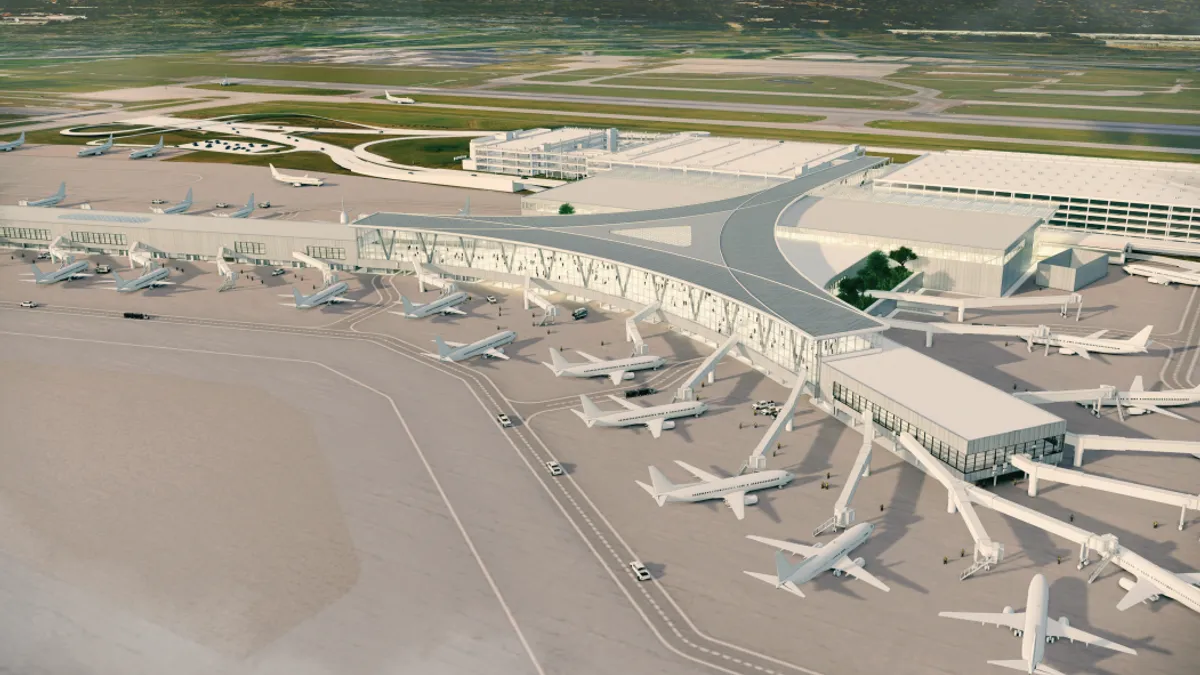 A rendering of an airport terminal's exterior, with planes docked at several gates.