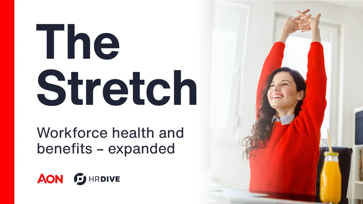 This image depicts the podcast series image for AON's HR Dive series, "The Stretch: Workforce Health and Benefits – Expanded"