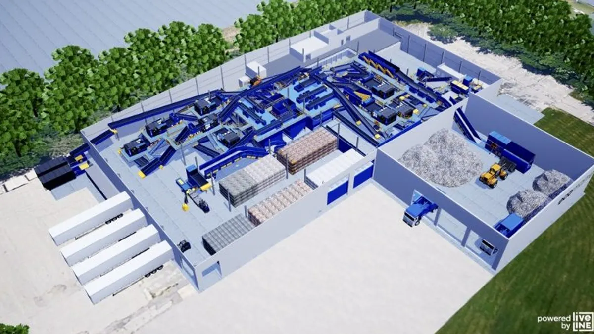 an artist rendering aerial shot of the exterior of a recycling facility