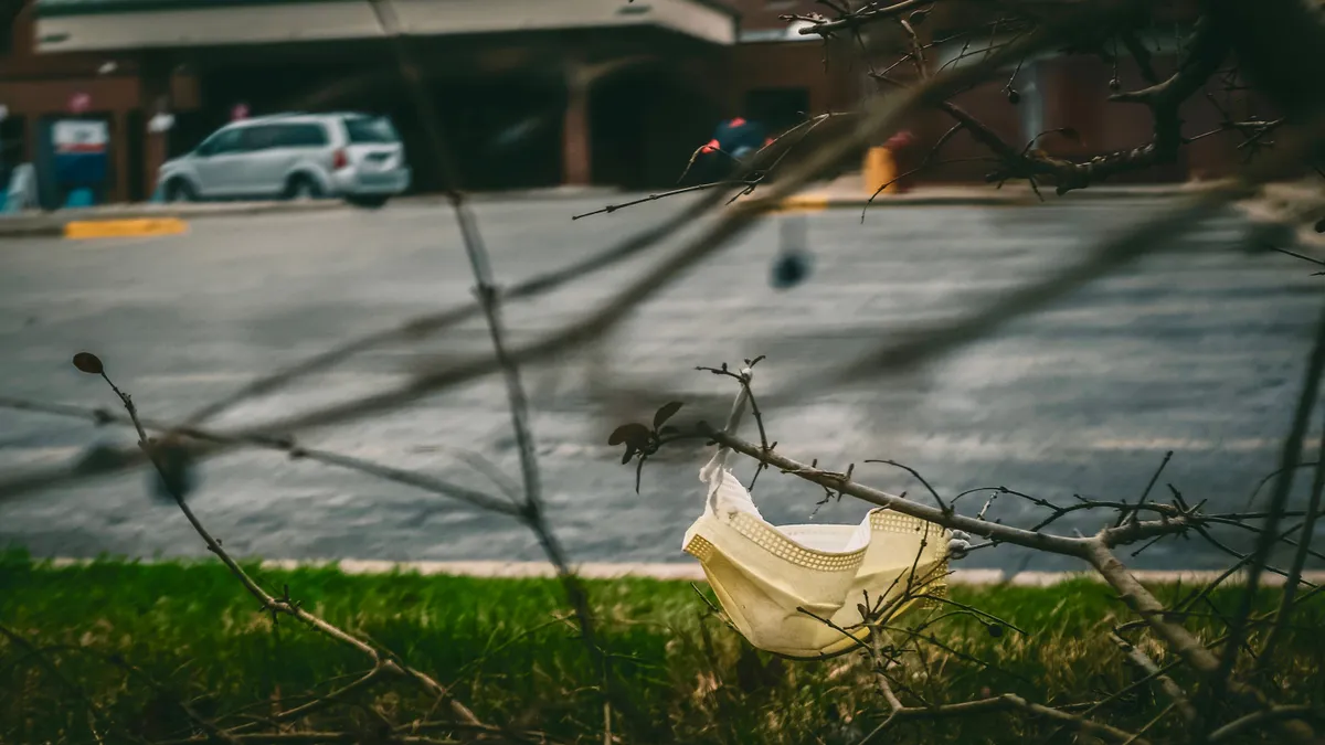 Mask litter caught on a branch outside Michigan hospital