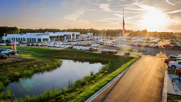 An aerial photo of the LaFontaine Buick GMC Highland dealership in Highland, Michigan.