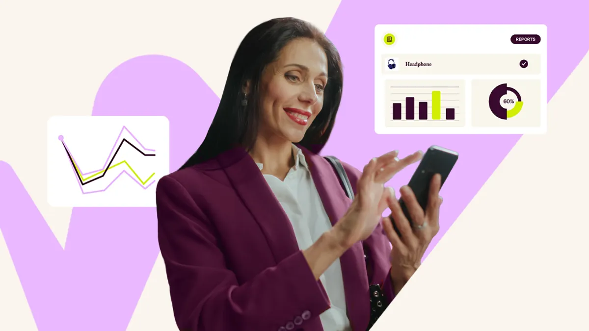 Person using phone with graphs and charts