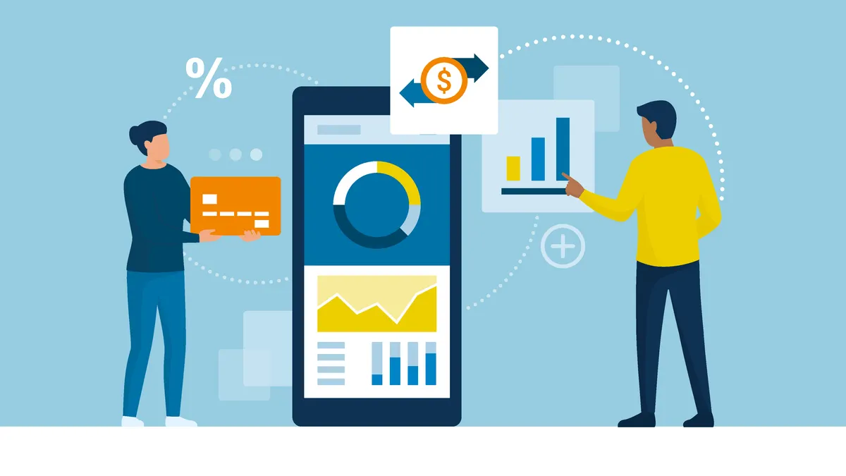 People using a mobile banking app on a smartphone, they are checking their account and using a credit card