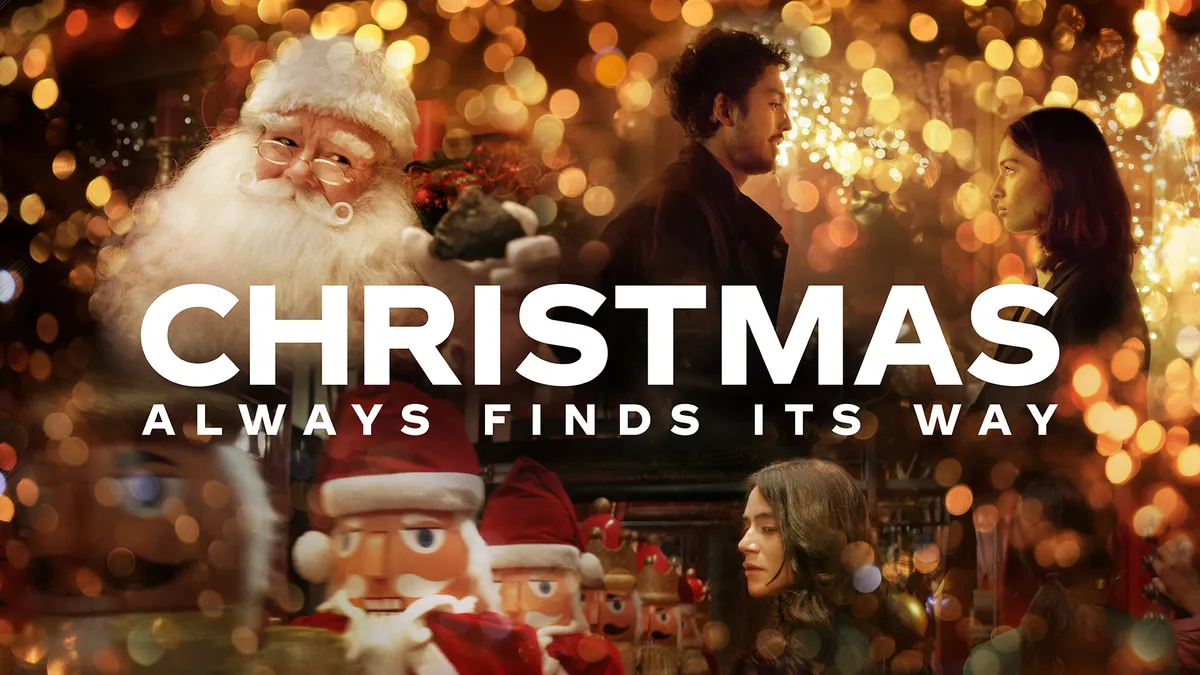 A collage of images including Santa, a couple meeting and a person exploring a holiday production line promote Coke's new streaming shorts on Prime Video.