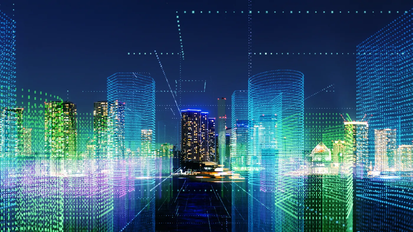 A rendering of a futuristic cityscape spanning facades of commercial buildings and skyscrapers.