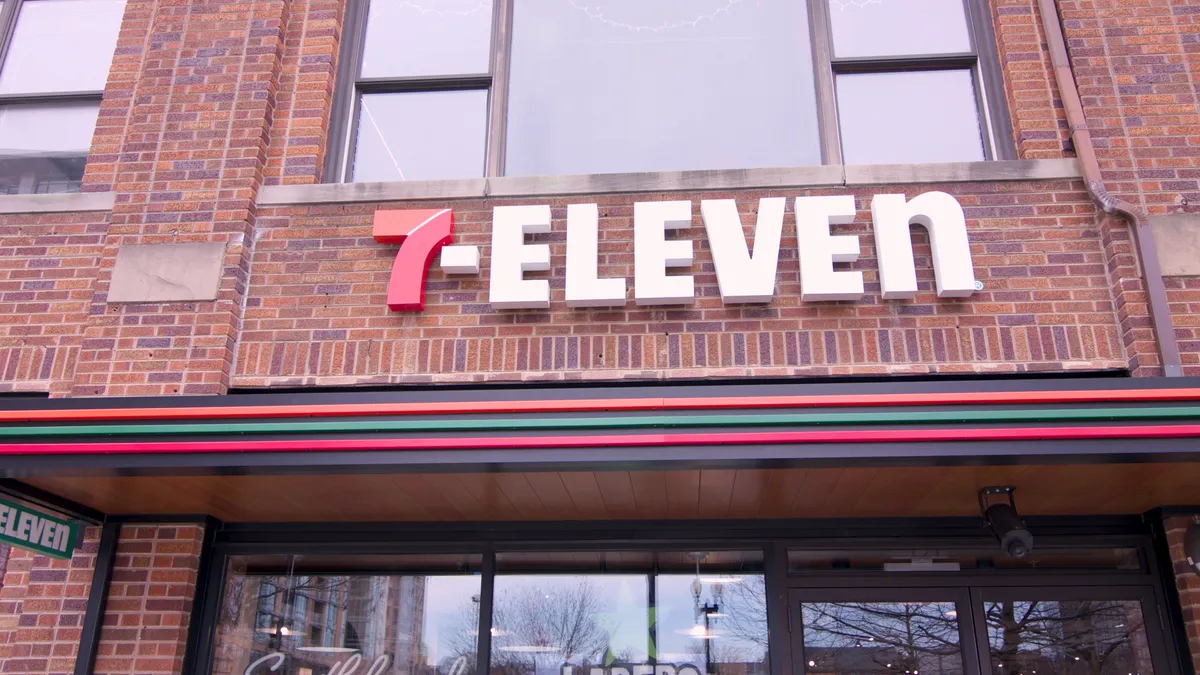 A photo of the exterior of a 7-Eleven.