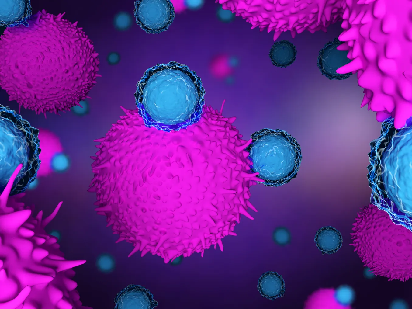 An illustration of immune cells attacking a tumor.