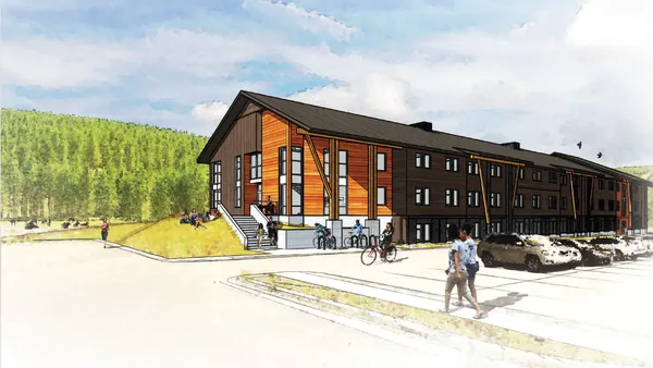 A rendering of a low-rise building with people sitting outside.