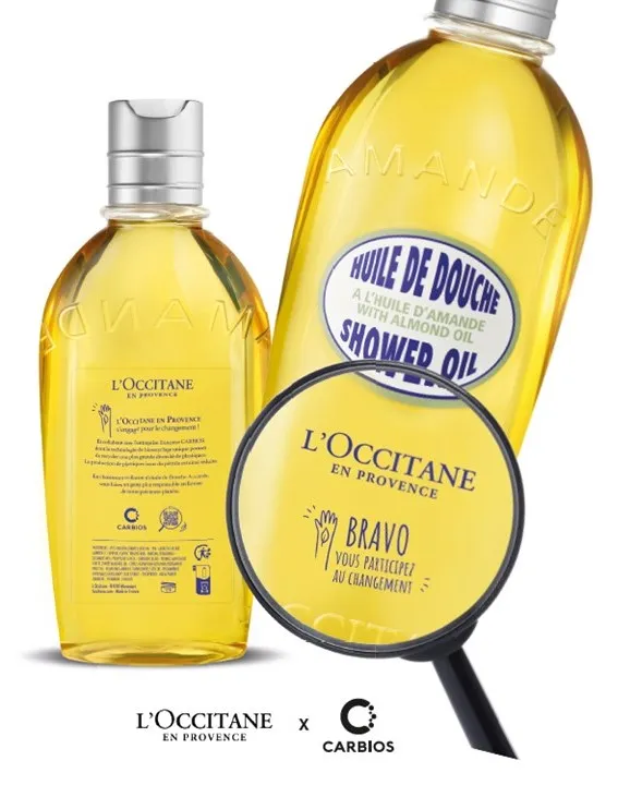 Front and back images of a bottle of L&#x27;Occitane en Provence shower oil.