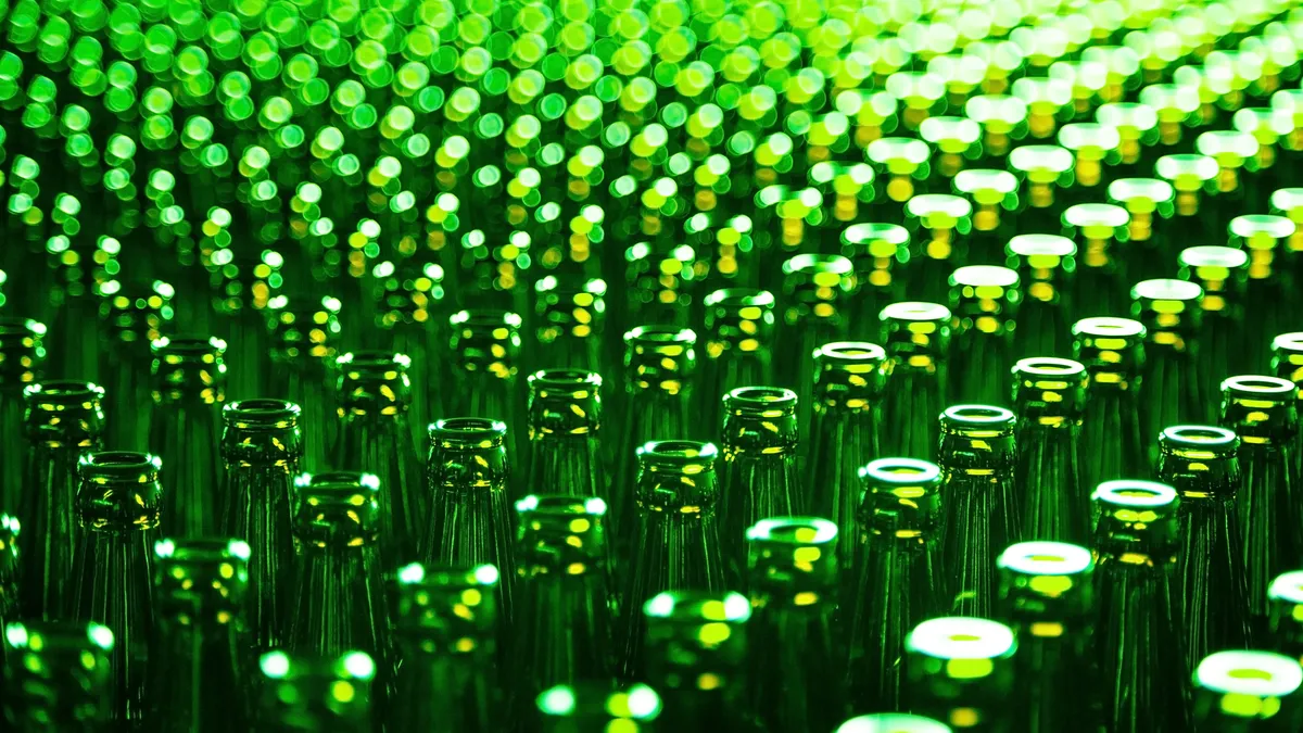 Green glass bottles.