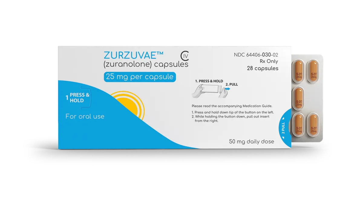 A product image of a box of pills called Zurzuvae also known as zuranalone for postpartum depression