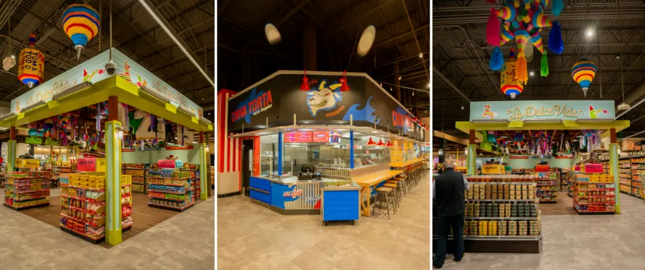 Three images of three food stalls inside of a grocery store.