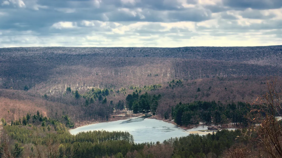 Vista of Parker Lake and the surrounding Allegheny Plateau, Clearfield County, within Parker Dam State Park in Pennsylvania