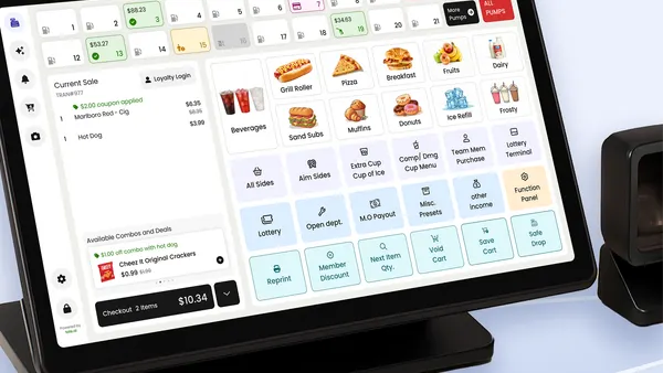 A screenshot of a point of sale system being shown on a tablet-style monitor. There are buttons for things such as grill roller, pizza, breakfast and beverages.