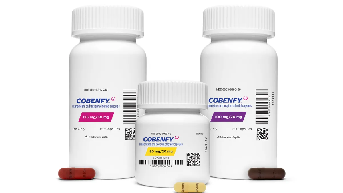 Bottles of Bristol Myers Squibb's Cobenfy, a new drug for schizophrenia, are arranged in this photo illustration.