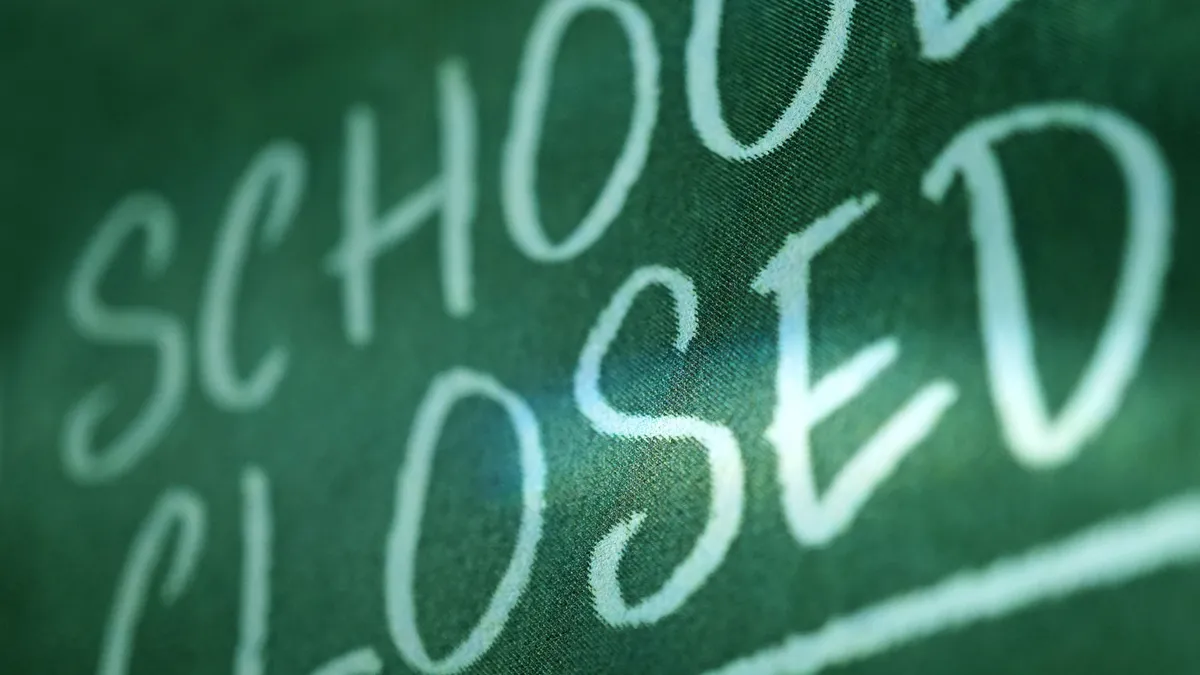 A chalkboard says "school closed" in big white letters.