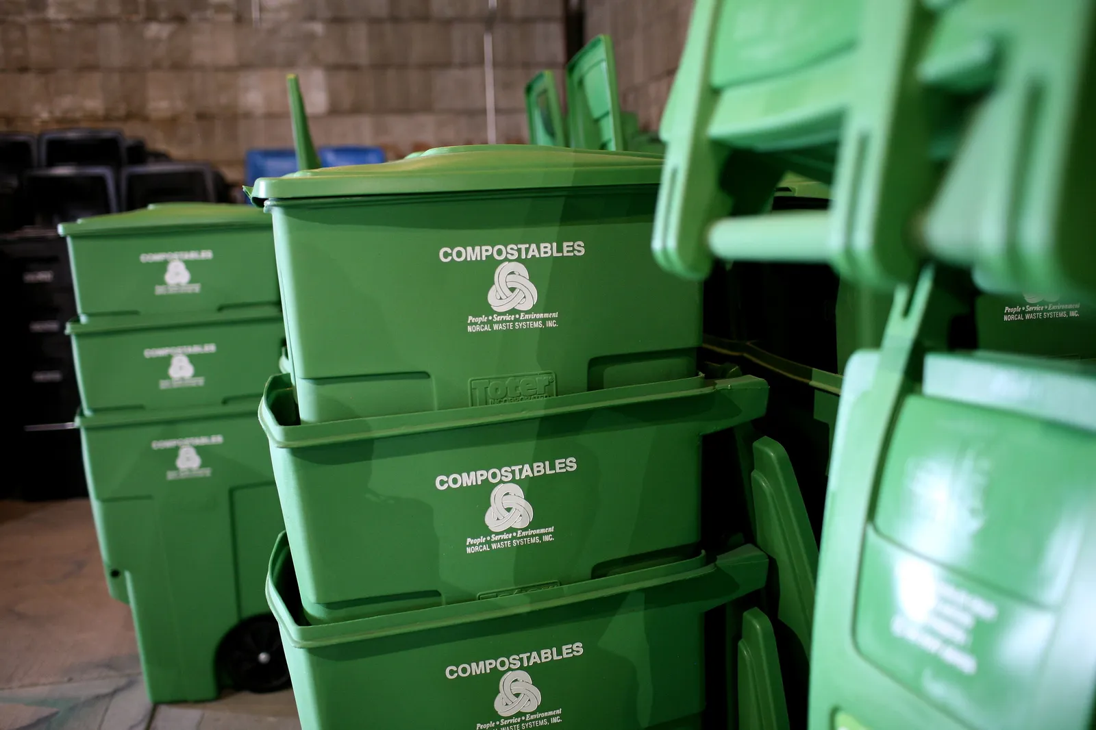 Stacks of green plastic carts