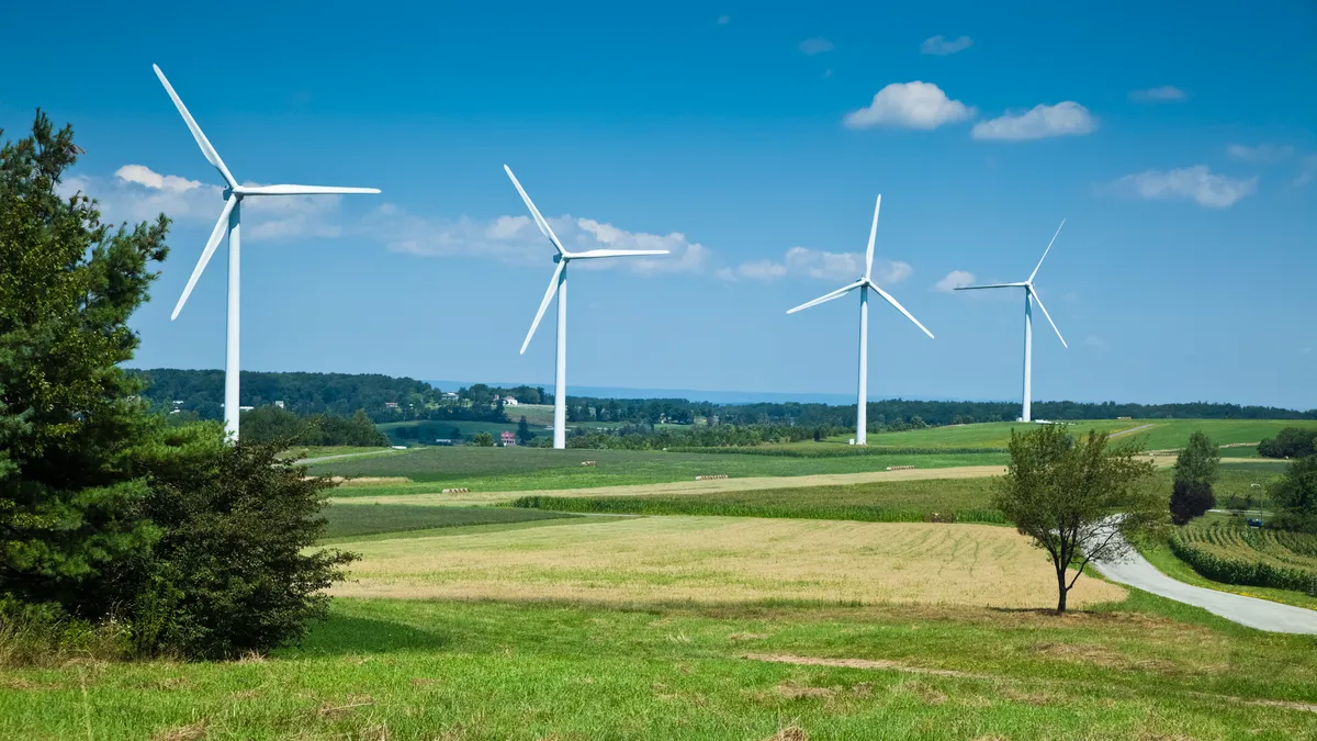 A wind farm on rolling hills in Pennsylvania, which is part of the PJM Interconnection.