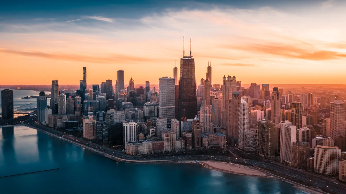 Aerial view of high rises and water