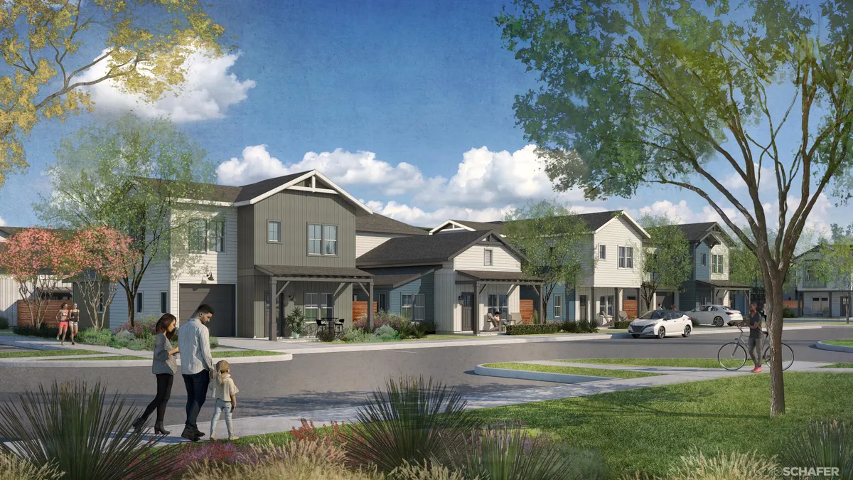 A rendering of a row of homes with people walking by.