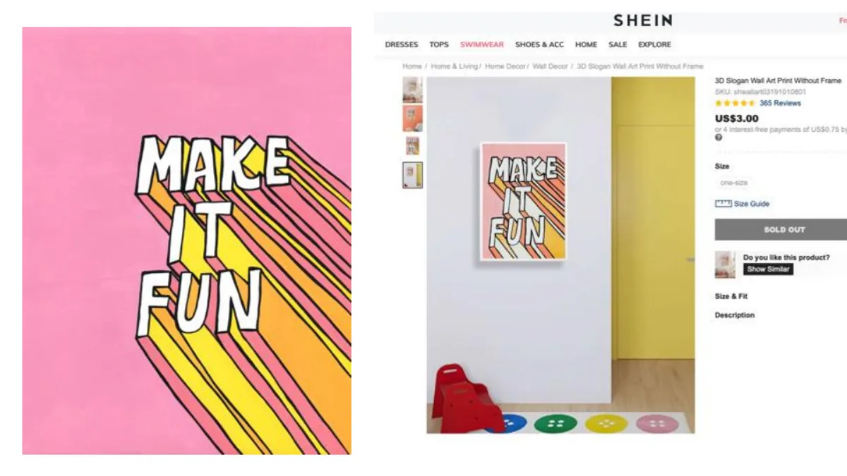 Side by side images show a design that says "Make it fun" on a pink background, and a copy for sale on a website.