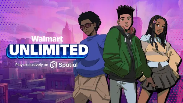 A trio of cartoon characters stand against a purple cityscape in a promo image for Walmart Unlimited