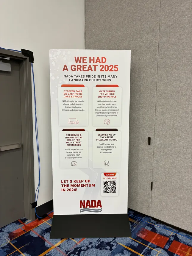 A poster shows several policy areas the National Automobile Dealers Association secured wins on in 2025.