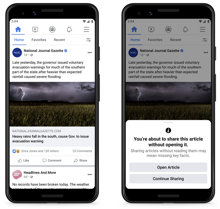 Facebook sharing alert
