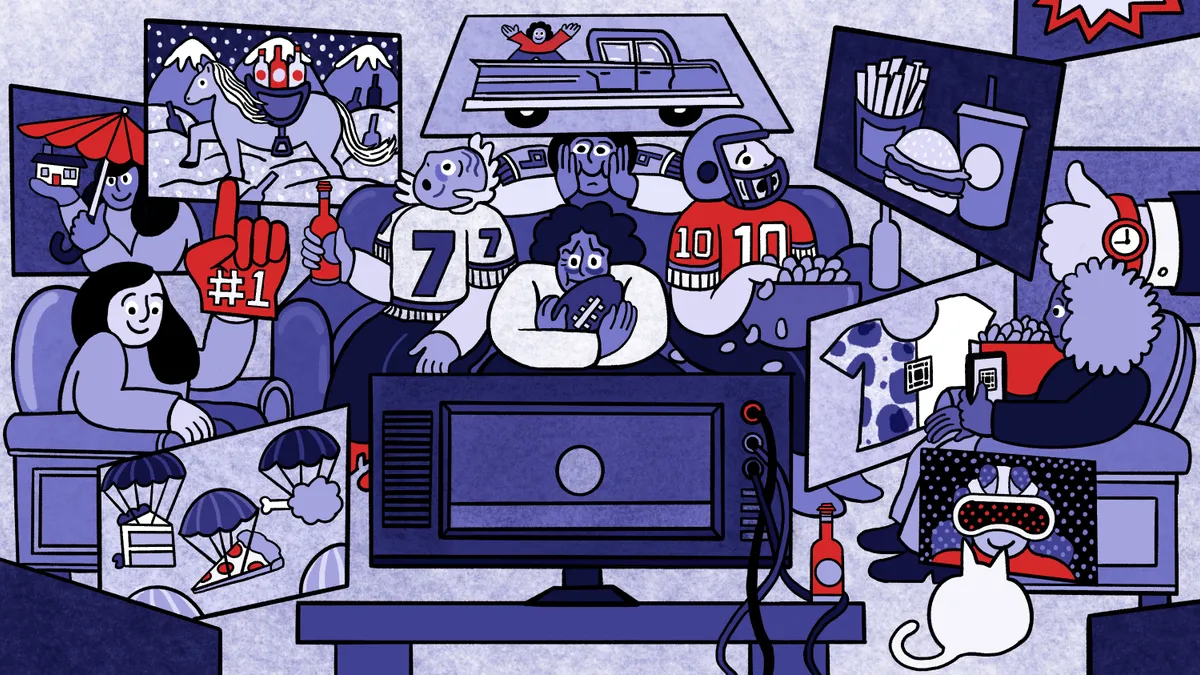 An illustration of a group of people in football gear watching multiple floating tv ads.