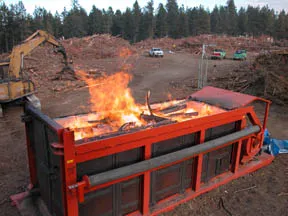 A dumpster-shaped receptacle has a fire burning within.